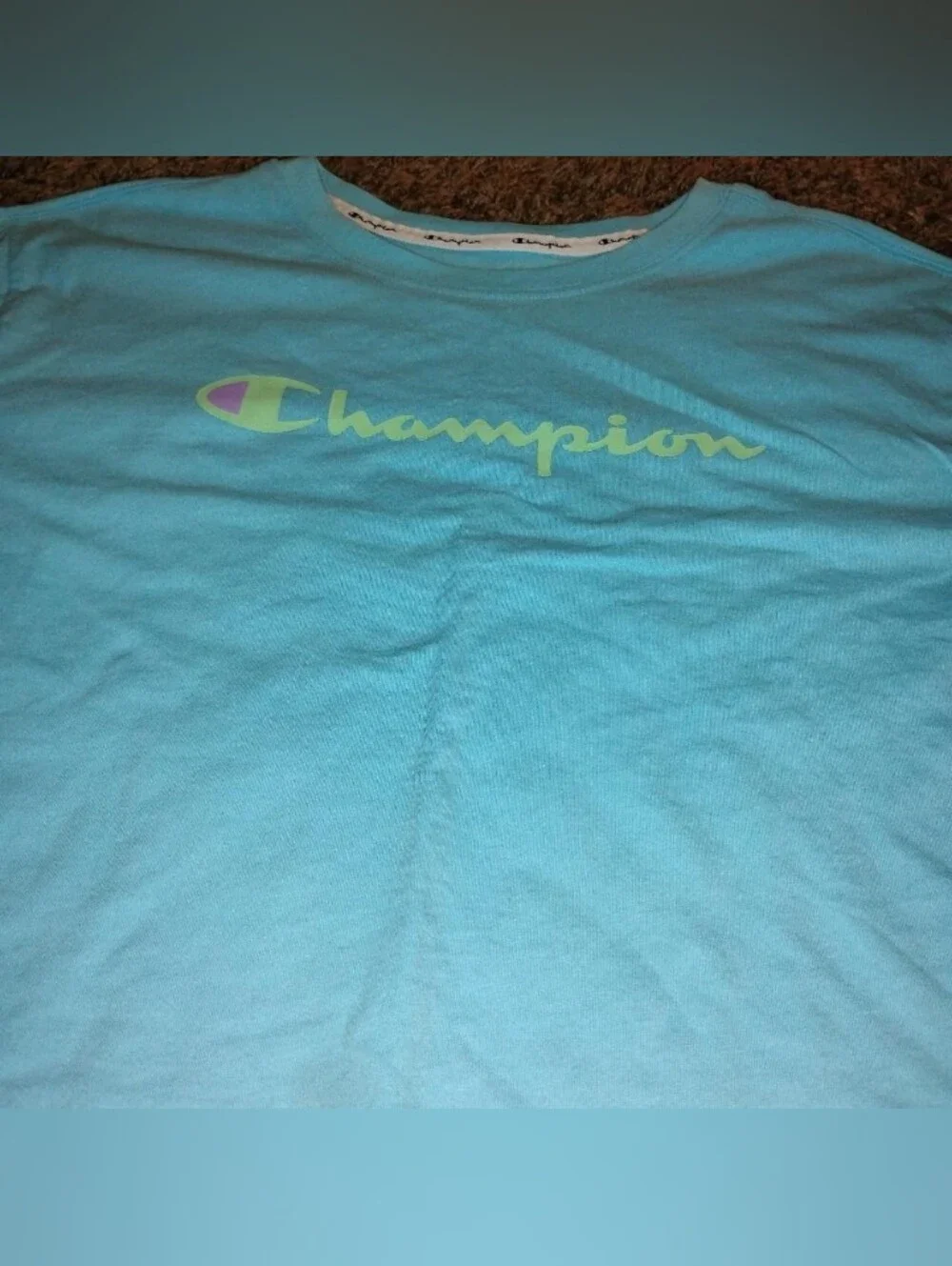 Champion Women’s Aqua Blue Cropped Graphic T-Shirt Logo Size Medium - Picture 5 of 6